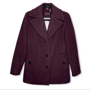 CALVIN KLEIN / plum purple short classic wool blend pea coat / S